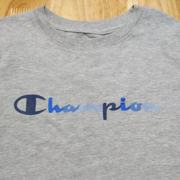 Champion Boys Grey Crew Neck Short Sleeve Blue Script Logo T-Shirt Tee, Size 7 - Picture 4 of 6